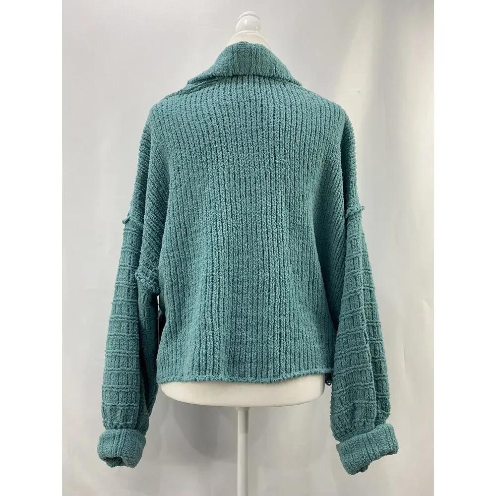 New Free People Be Yours Cowl Neck Boxy Cropped Knit Sweater Emerald Aura Sz S